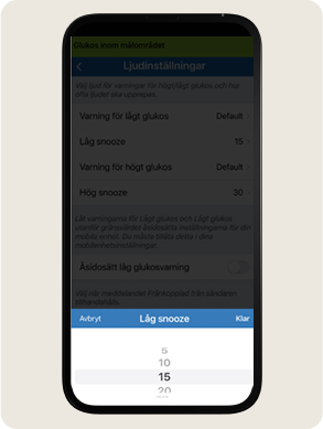 En smartphone visar inst&auml;llningar f&ouml;r glukosljud. Alternativen inkluderar &rdquo;L&aring;gt-snooze&rdquo;