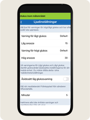 En smartphone-sk&auml;rm som visar inst&auml;llningar f&ouml;r glukosvarningsljud, inklusive snooze-alternativ och omkopplare f&ouml;r &aring;sidos&auml;ttande