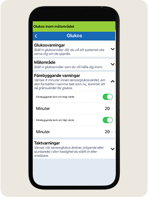 En smartphone visar inst&auml;llningar f&ouml;r glukos&ouml;vervakning med alternativ f&ouml;r varningar