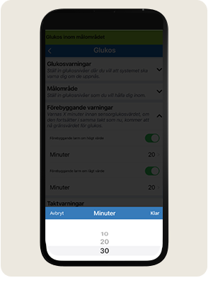 Telefonsk&auml;rmen visar inst&auml;llningar f&ouml;r glukoshantering