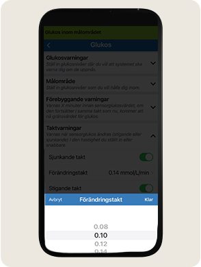 En smartphonesk&auml;rm visar en glukos&ouml;vervakningsapp med alternativ f&ouml;r varningar och justering av f&ouml;r&auml;ndringsgrad: